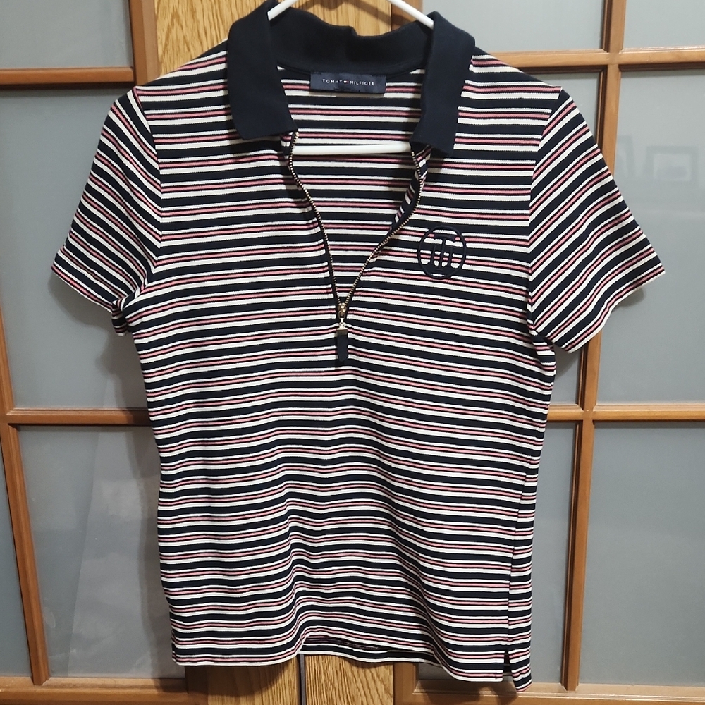 Tommy Hilfiger Striped Polo Shirt Size Small Navy, White, Pink